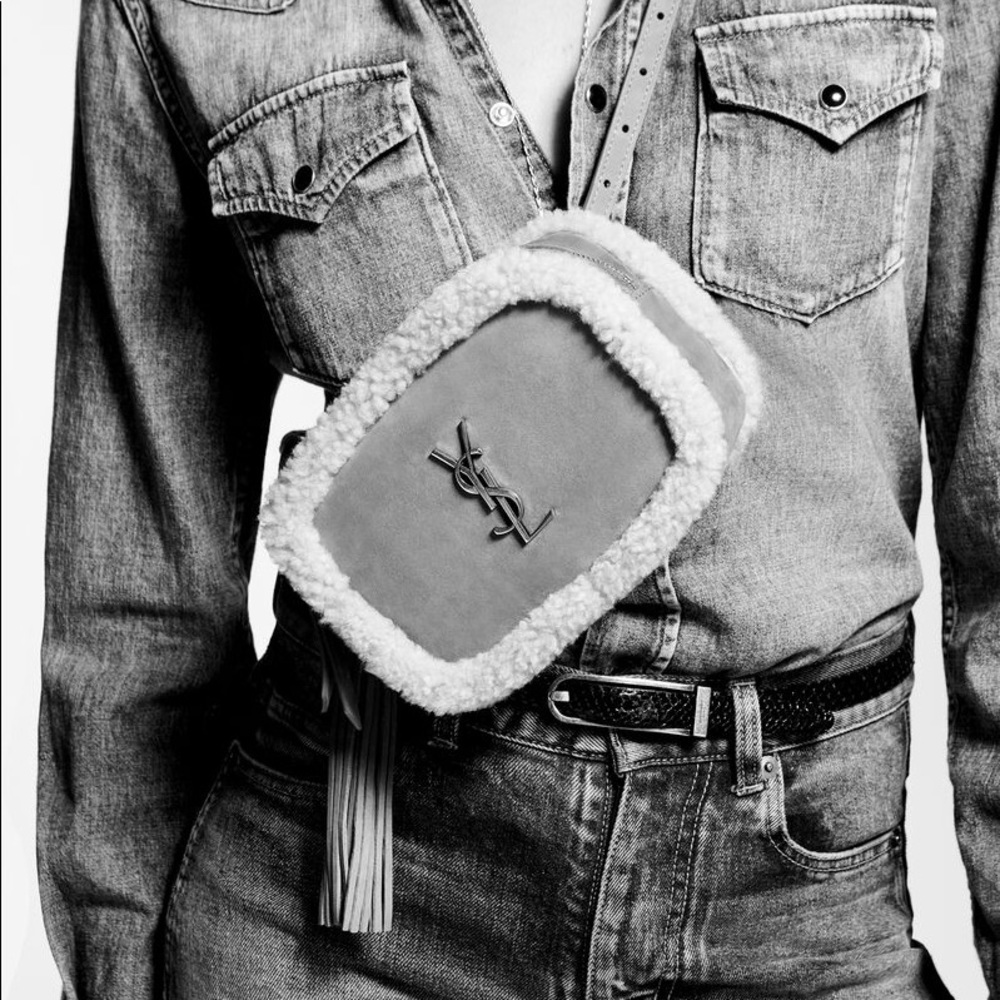 YSL Lou TEDDY LOGO Belt Bag Shearling & Nubuck Bumbag Sherpa SAINT LAURENT - Picture 12 of 15